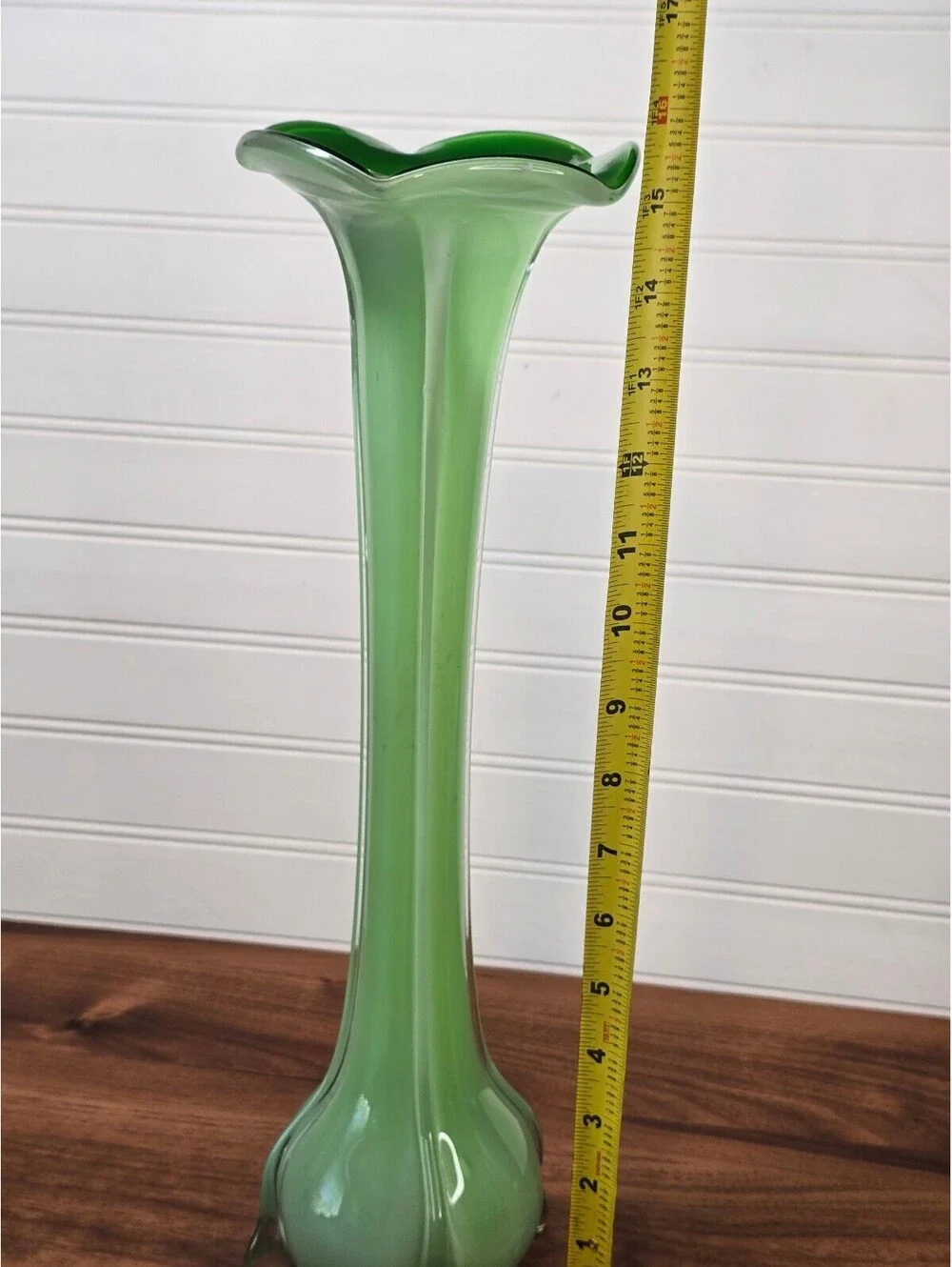 Vintage Green Cased Glass Jack in the Pulpit Vase Mid Century Footed Art Glass